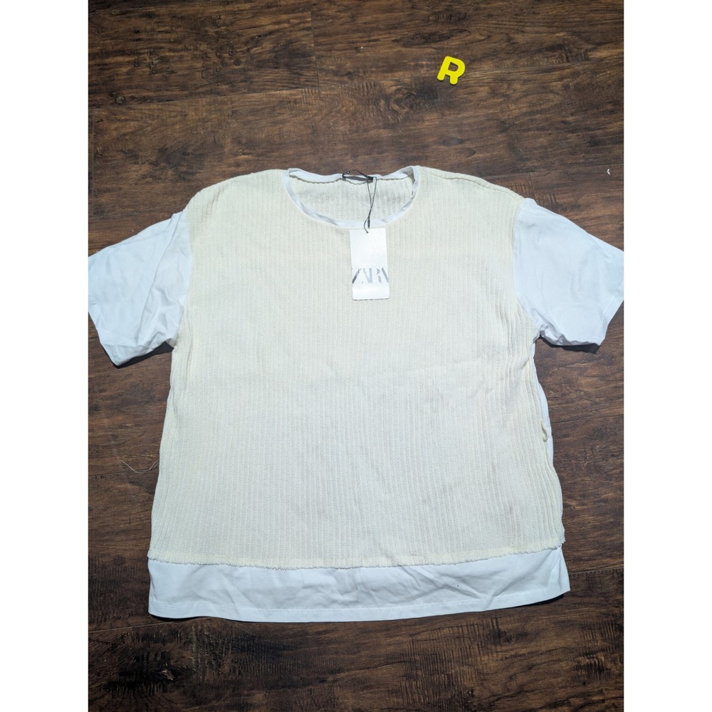 ZARA Women Layered‎ Knit Top White Short Sleeve Crew Neck Size L NWT F1